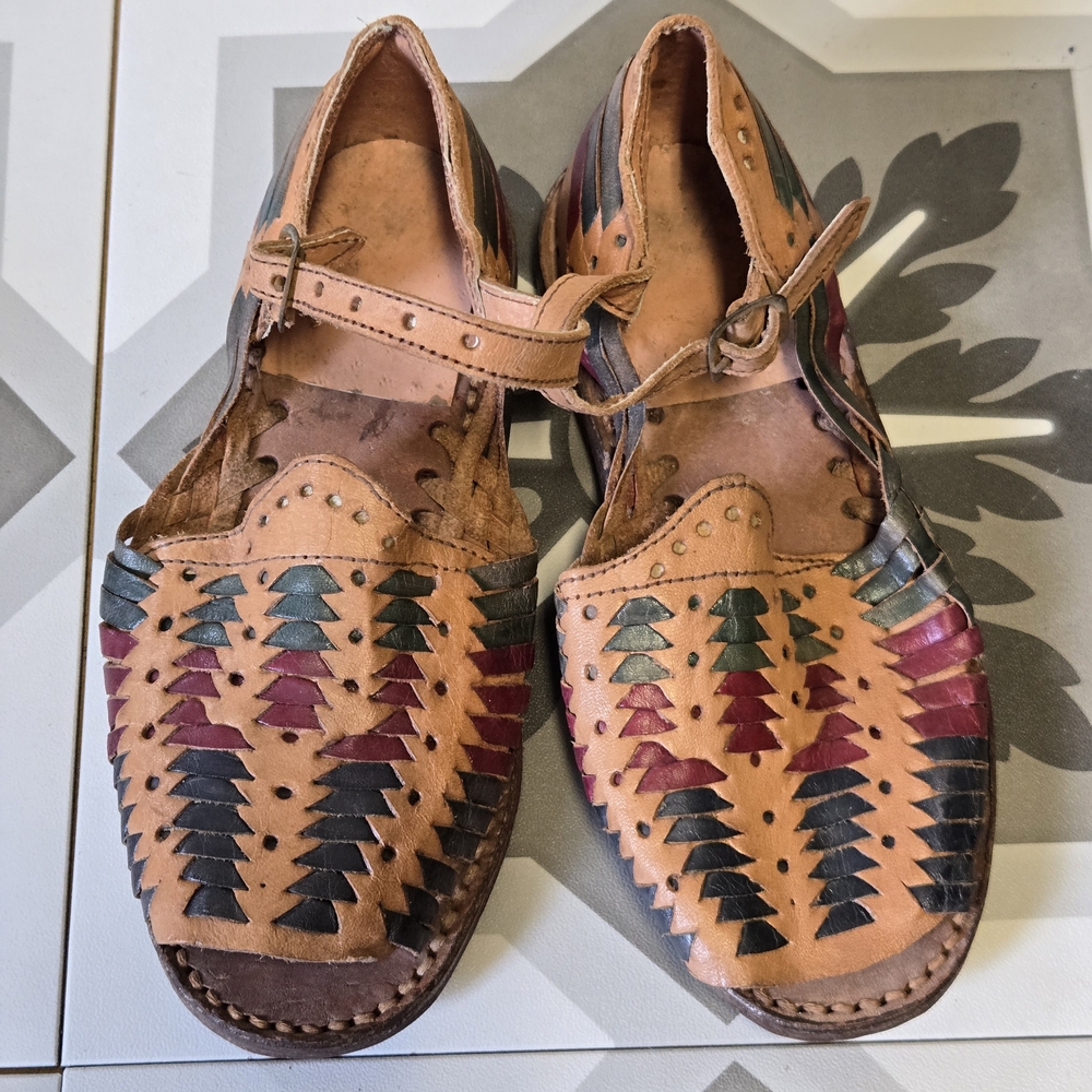 Hand Crafted Tan Leather Kids Huarache Sandals with Black and Burgundy Accents
